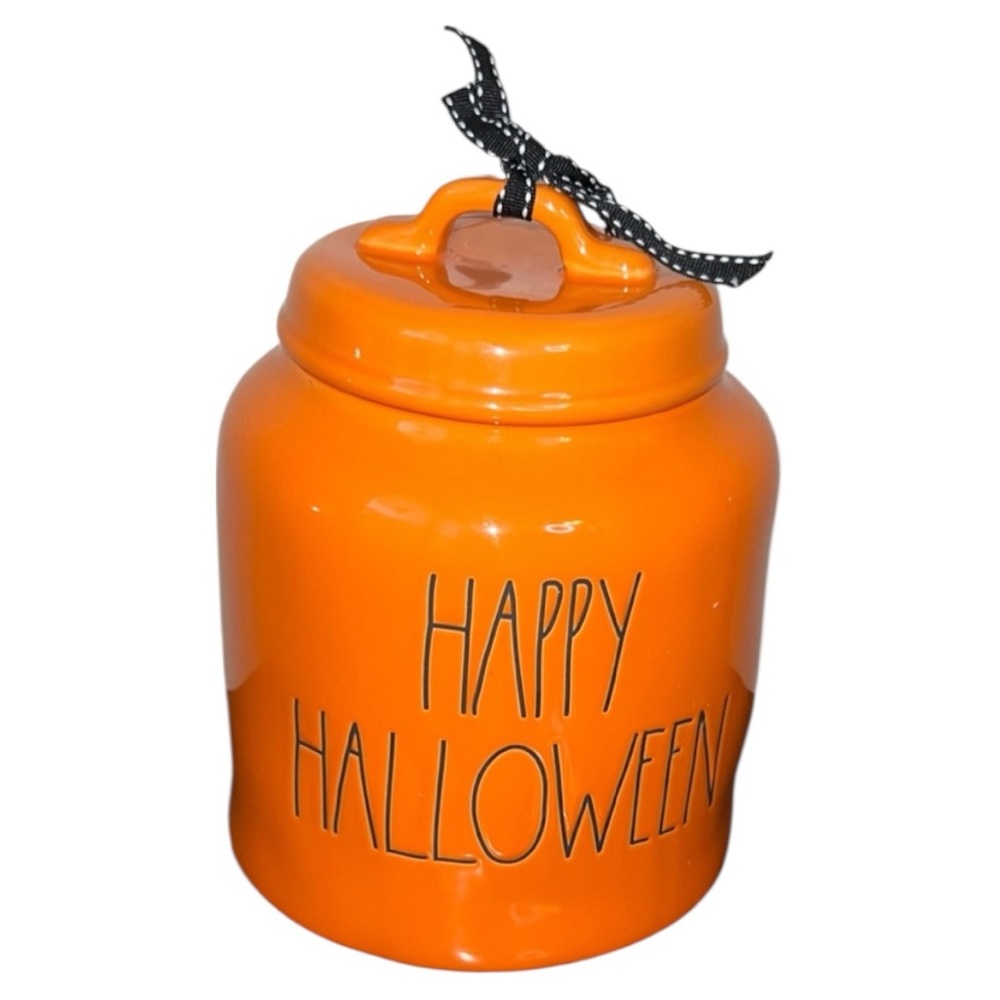 Rae Dunn Happy Halloween Orange Artisan Collection Canister Cookie Jar Seasonal